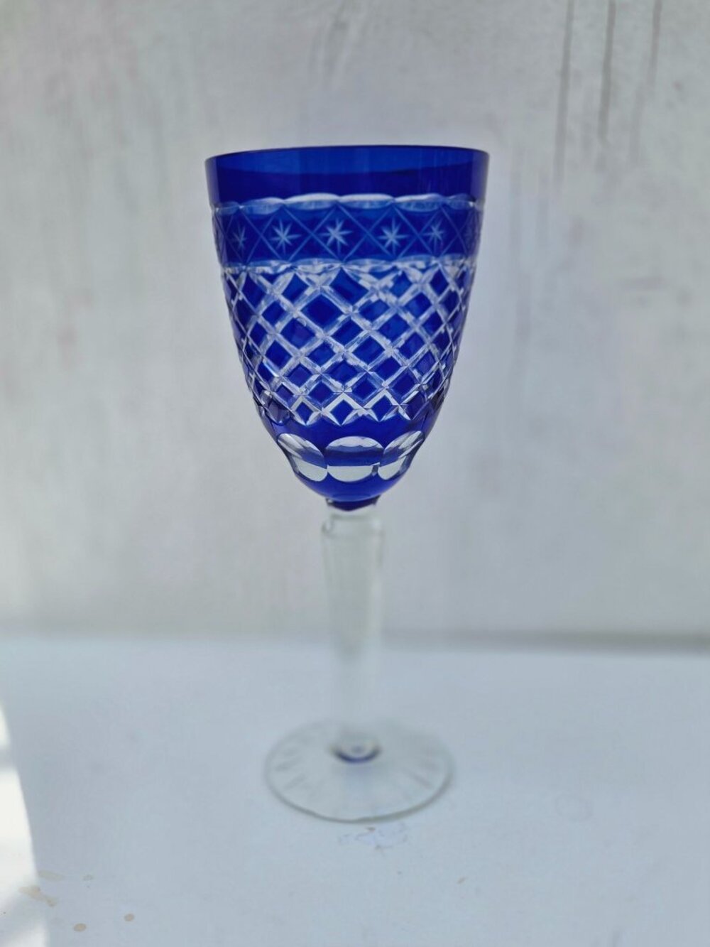 Vintage Sorelle Cobalt Blue Cut To Clear Wine Glass 8" With Label